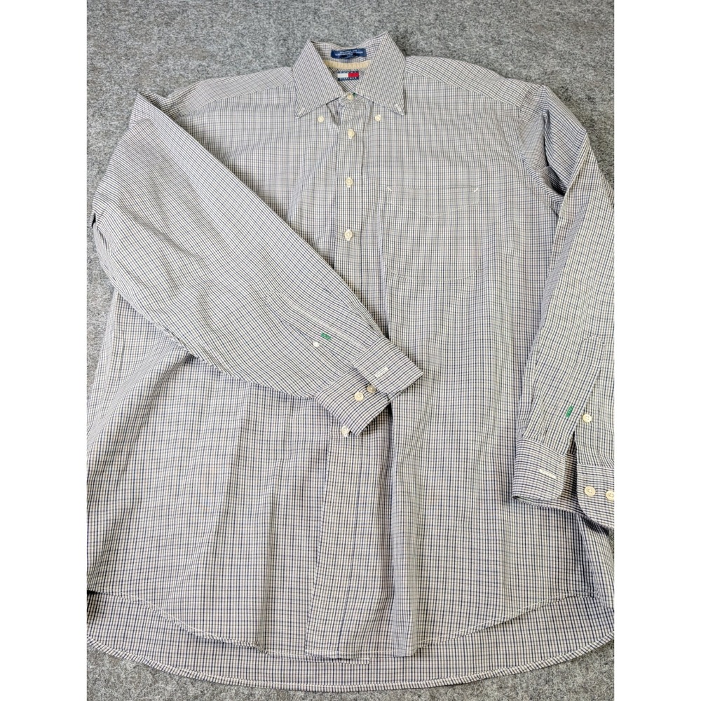 Tommy Hilfiger Mens Blue White Micro Check Button Down Shirt 16 34-35 Cotton EUC